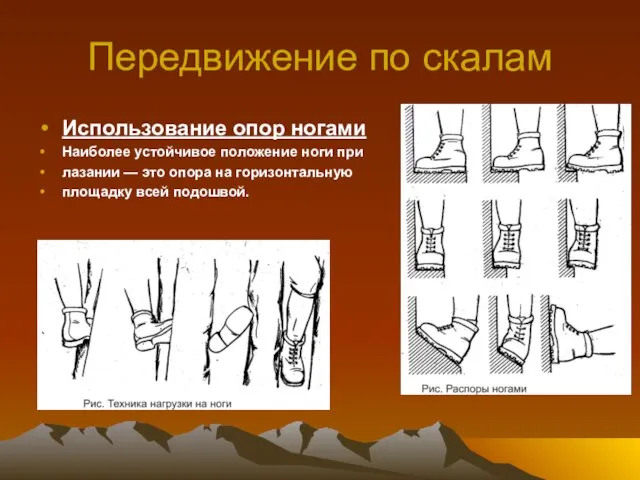 Передвижение по скалам Использование опор ногами Наиболее устойчивое положение ноги при лазании