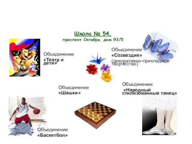 Школа № 54, проспект Октября, дом 93/5 Объединение «Баскетбол» Объединение «Шашки» Объединение