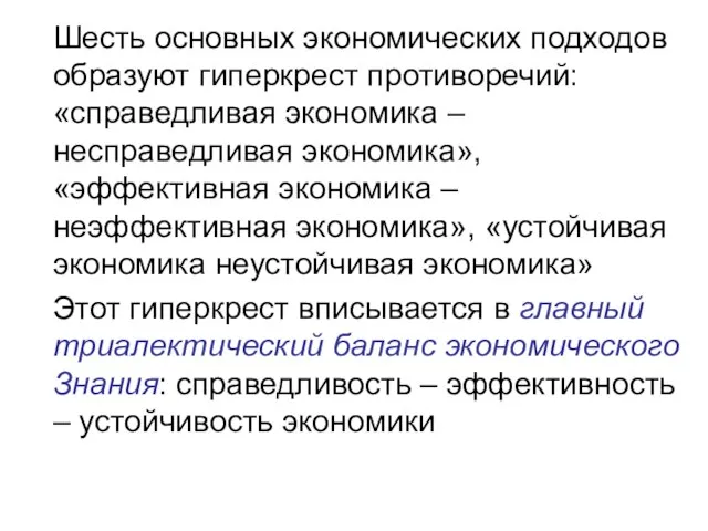 Шесть основных экономических подходов образуют гиперкрест противоречий: «справедливая экономика – несправедливая экономика»,