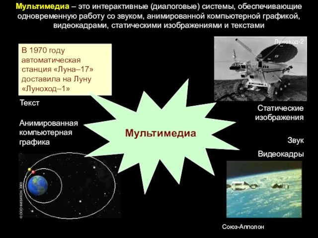 Мультимедиа – это интерактивные (диалоговые) системы, обеспечивающие одновременную работу со звуком, анимированной