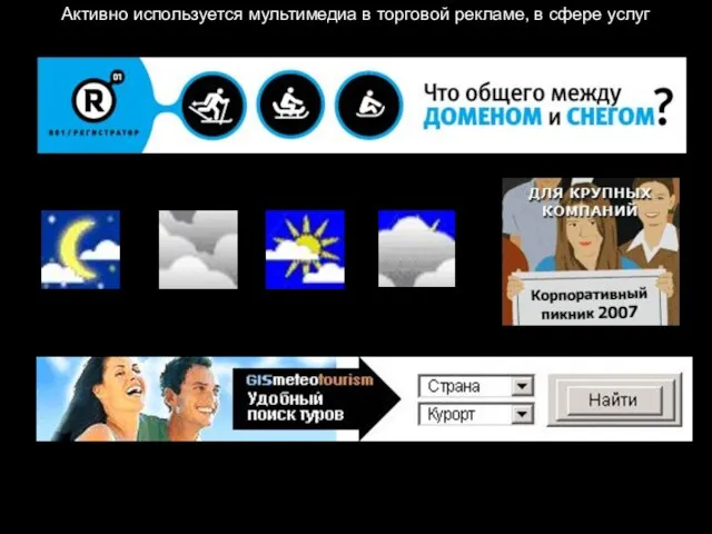 Активно используется мультимедиа в торговой рекламе, в сфере услуг