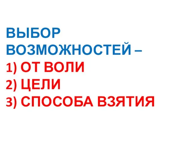 ВЫБОР ВОЗМОЖНОСТЕЙ – 1) ОТ ВОЛИ 2) ЦЕЛИ 3) СПОСОБА ВЗЯТИЯ