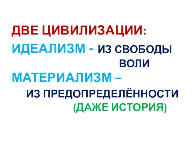 ДВЕ ЦИВИЛИЗАЦИИ: ИДЕАЛИЗМ - ИЗ СВОБОДЫ ВОЛИ МАТЕРИАЛИЗМ – ИЗ ПРЕДОПРЕДЕЛЁННОСТИ (ДАЖЕ ИСТОРИЯ)