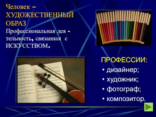 Человек – ХУДОЖЕСТВЕННЫЙ ОБРАЗ Профессиональная дея -тельность, связанная с ИСКУССТВОМ. ПРОФЕССИИ: дизайнер; художник; фотограф; композитор.