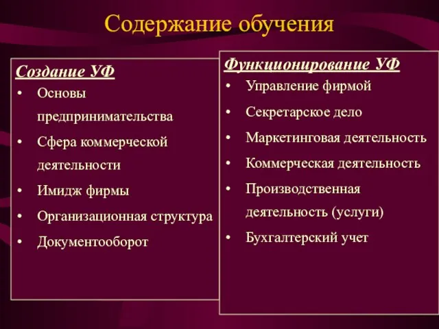 Содержание обучения Создание УФ Основы предпринимательства Сфера коммерческой деятельности Имидж фирмы Организационная