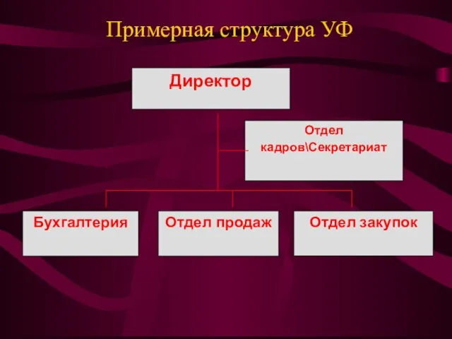 Примерная структура УФ Директор Отдел кадров\Секретариат Бухгалтерия Отдел продаж Отдел закупок