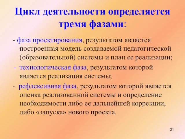 Цикл деятельности определяется тремя фазами: - фаза проектирования, результатом является построенная модель