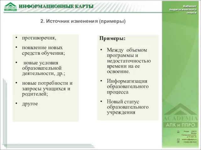 противоречия, появление новых средств обучения; новые условия образовательной деятельности, др.; новые потребности