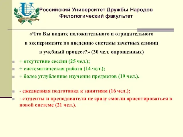 Российский Университет Дружбы Народов Филологический факультет «Что Вы видите положительного и отрицательного