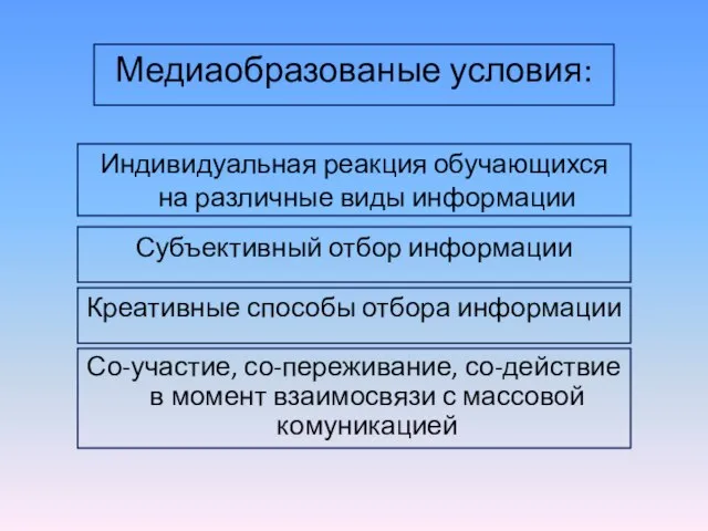 Медиаобразованые условия: Индивидуальная реакция обучающихся на различные виды информации Субъективный отбор информации