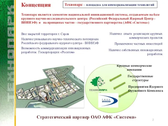 Концепция Стратегический партнер ОАО АФК «Система» Вне закрытой территории г. Саров Наличие