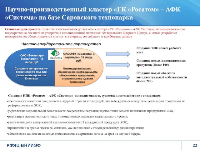 Научно-производственный кластер «ГК «Росатом» – АФК «Система» на базе Саровского технопарка Основная