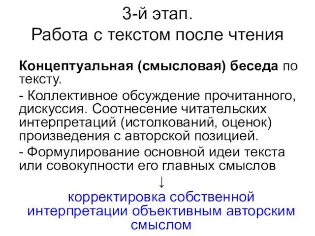 3-й этап. Работа с текстом после чтения Концептуальная (смысловая) беседа по тексту.