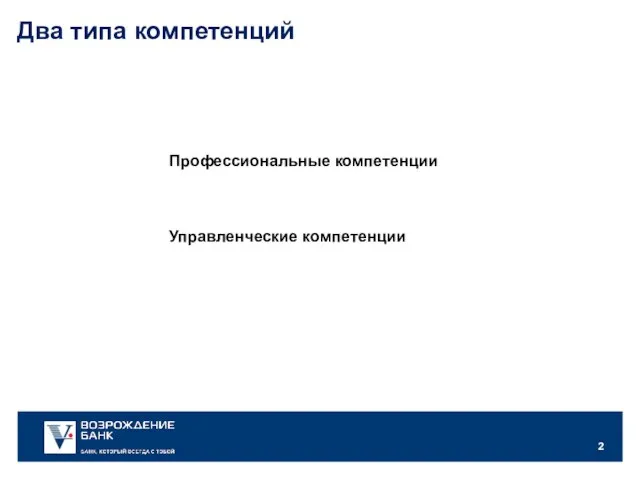 Профессиональные компетенции Два типа компетенций Управленческие компетенции