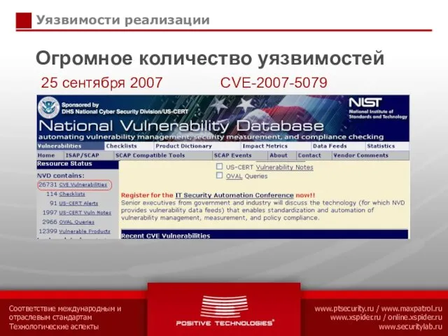 Уязвимости реализации Огромное количество уязвимостей 25 сентября 2007 CVE-2007-5079