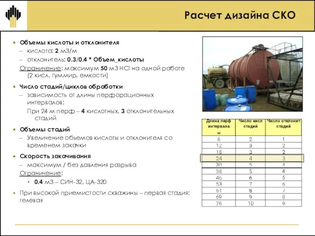 Расчет дизайна СКО Объемы кислоты и отклонителя кислота: 2 м3/м отклонитель: 0.3/0.4
