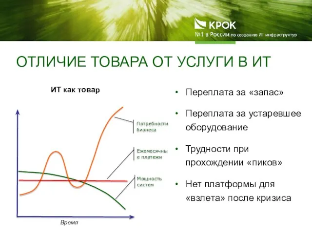 ОТЛИЧИЕ ТОВАРА ОТ УСЛУГИ В ИТ Ежемесячные платежи Мощность систем Потребности бизнеса