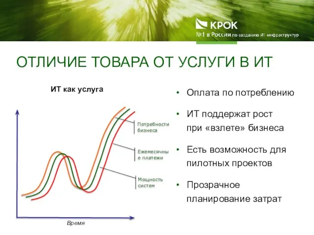 ОТЛИЧИЕ ТОВАРА ОТ УСЛУГИ В ИТ Ежемесячные платежи Мощность систем Потребности бизнеса