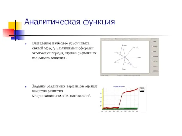 Аналитическая функция Выявление наиболее устойчивых связей между различными сферами экономики города, оценка