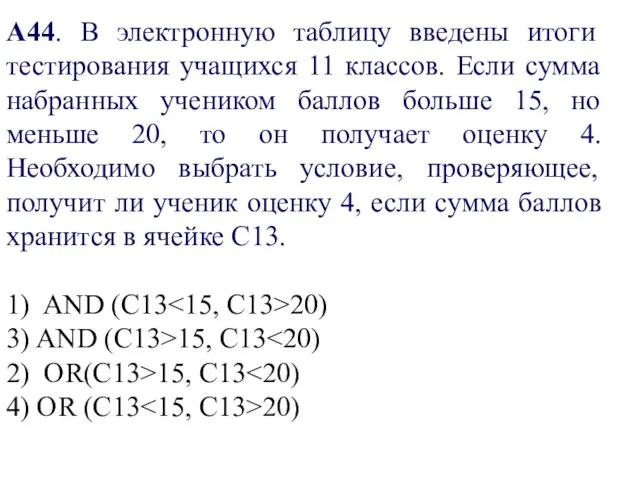 А44. В электронную таблицу введены итоги тестирования учащихся 11 классов. Если сумма