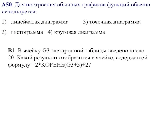 А50. Для построения обычных графиков функций обычно используется: 1) линейчатая диаграмма 3)