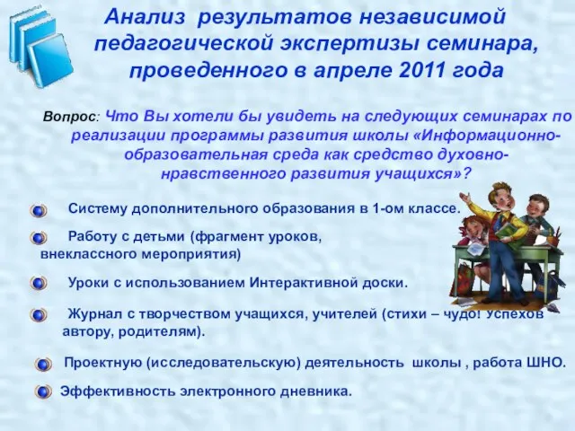 Анализ результатов независимой педагогической экспертизы семинара, проведенного в апреле 2011 года Вопрос: