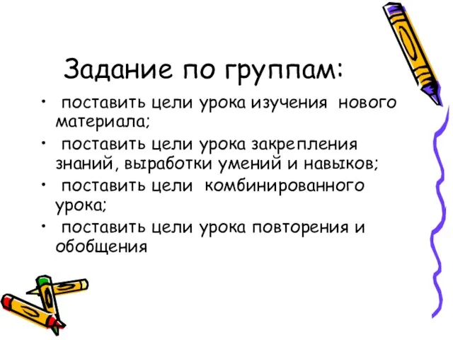 Задание по группам: поставить цели урока изучения нового материала; поставить цели урока