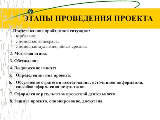 ЭТАПЫ ПРОВЕДЕНИЯ ПРОЕКТА 1.Представление проблемной ситуации: вербально; с помощью видеоряда; с помощью