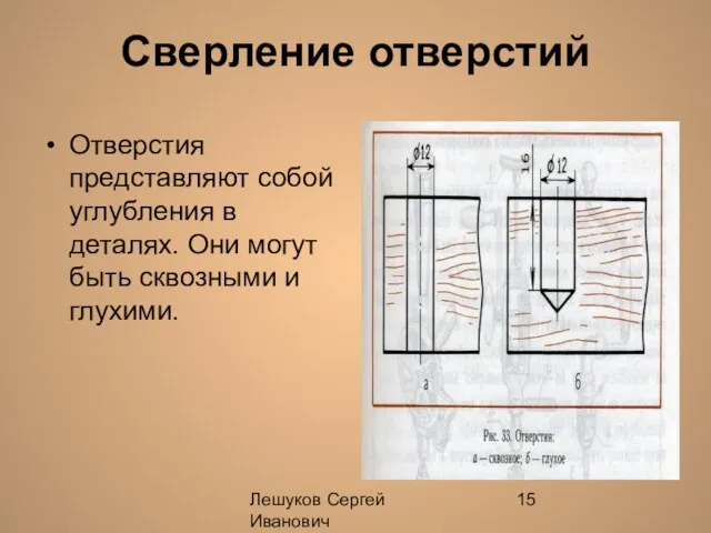 Лешуков Сергей Иванович Сверление отверстий Отверстия представляют собой углубления в деталях. Они