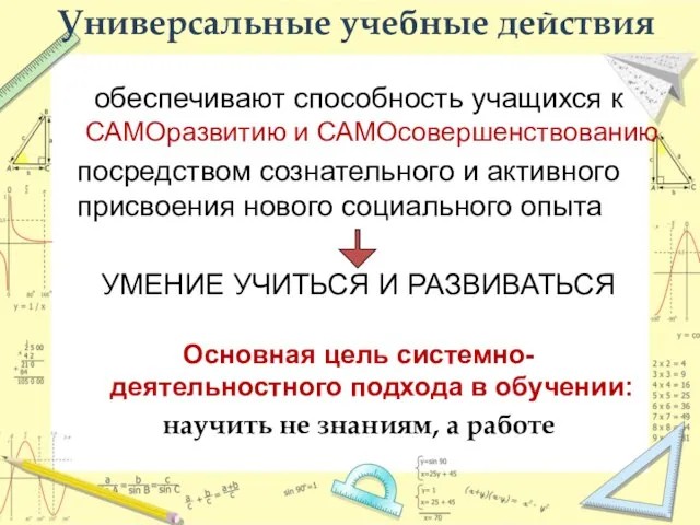 Универсальные учебные действия обеспечивают способность учащихся к САМОразвитию и САМОсовершенствованию посредством сознательного