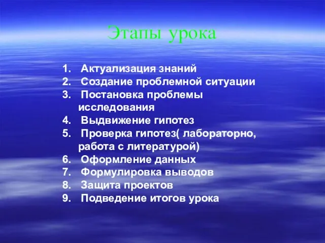 Этапы урока Актуализация знаний Создание проблемной ситуации Постановка проблемы исследования Выдвижение гипотез