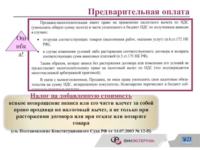 Предварительная оплата Налог на добавленную стоимость всякое возвращение аванса или его части