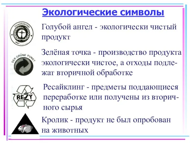 Экологические символы Голубой ангел - экологически чистый продукт Зелёная точка - производство