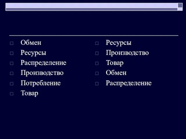 Обмен Ресурсы Распределение Производство Потребление Товар Ресурсы Производство Товар Обмен Распределение