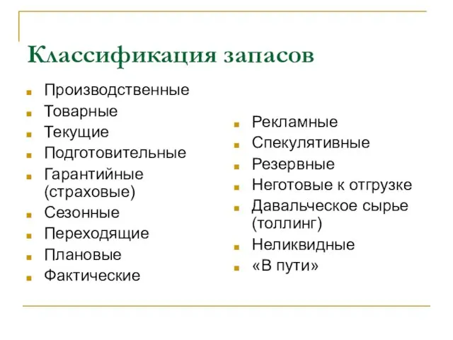 Классификация запасов Производственные Товарные Текущие Подготовительные Гарантийные (страховые) Сезонные Переходящие Плановые Фактические