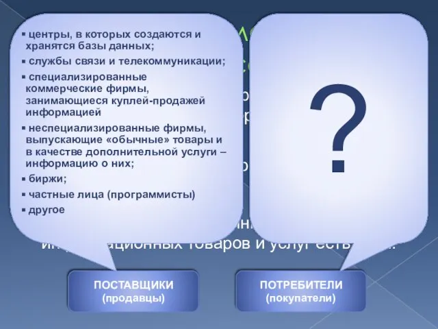 Развитие компьютерных информационных технологий способствует формированию рынка информационных ресурсов. Товар – информационные