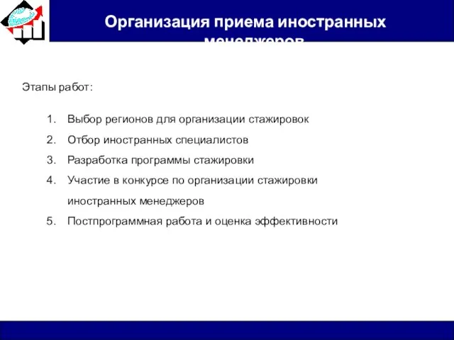 Организация приема иностранных менеджеров Выбор регионов для организации стажировок Отбор иностранных специалистов