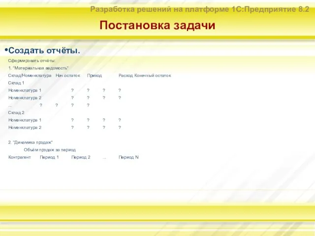 Постановка задачи Создать отчёты. Сформировать отчёты: 1. "Материальная ведомость" Склад/Номенклатура Нач.остаток Приход
