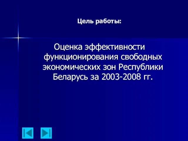 Цель работы: Оценка эффективности функционирования свободных экономических зон Республики Беларусь за 2003-2008 гг.