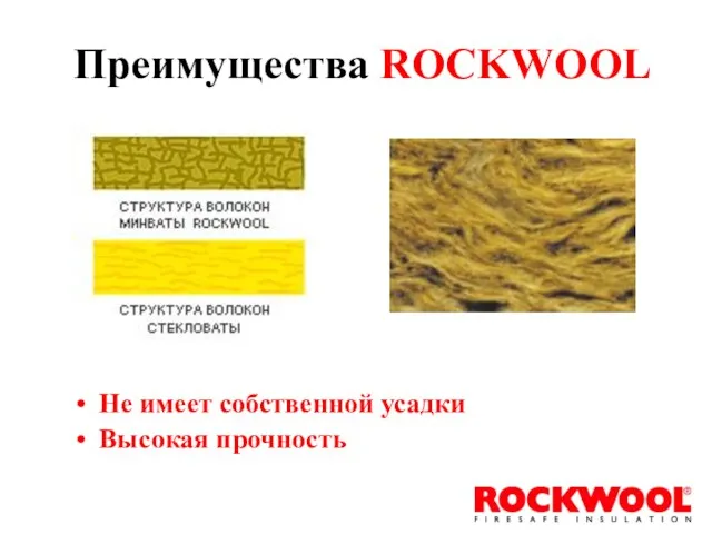 Не имеет собственной усадки Высокая прочность Преимущества ROCKWOOL