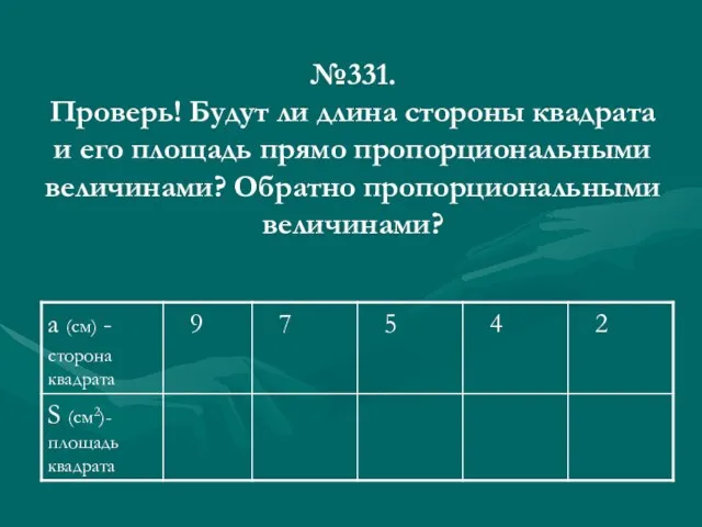 №331. Проверь! Будут ли длина стороны квадрата и его площадь прямо пропорциональными величинами? Обратно пропорциональными величинами?