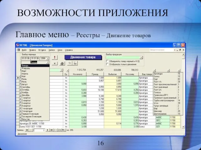 ВОЗМОЖНОСТИ ПРИЛОЖЕНИЯ Главное меню – Реестры – Движение товаров