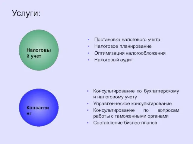 Консалтинг Налоговый учет Услуги: Постановка налогового учета Налоговое планирование Оптимизация налогообложения Налоговый