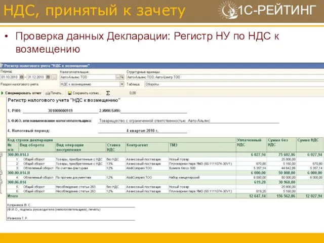 Проверка данных Декларации: Регистр НУ по НДС к возмещению НДС, принятый к зачету