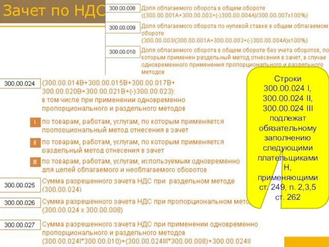 Зачет по НДС Строки 300.00.024 I, 300.00.024 II, 300.00.024 III подлежат обязательному