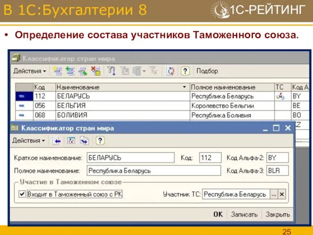 Определение состава участников Таможенного союза. В 1С:Бухгалтерии 8