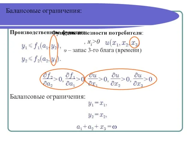 Балансовые ограничения: Функция полезности потребителя: , xi>0 ω – запас 3-го блага