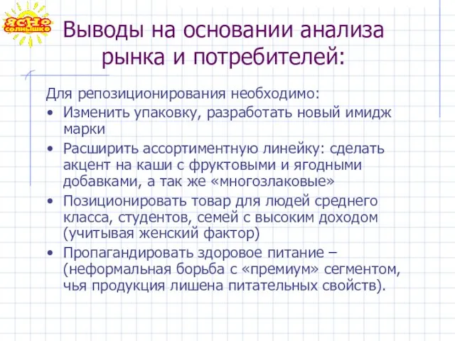 Выводы на основании анализа рынка и потребителей: Для репозиционирования необходимо: Изменить упаковку,