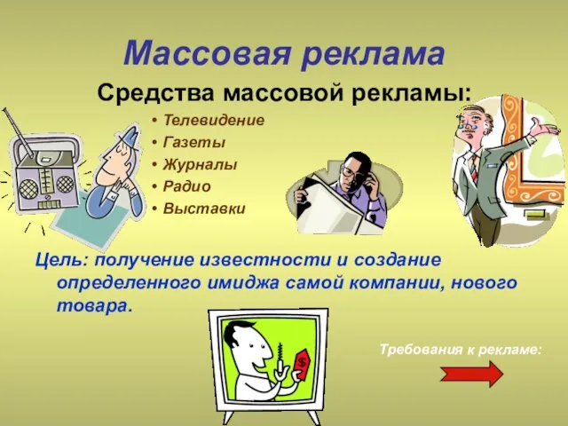 Массовая реклама Средства массовой рекламы: Телевидение Газеты Журналы Радио Выставки Цель: получение