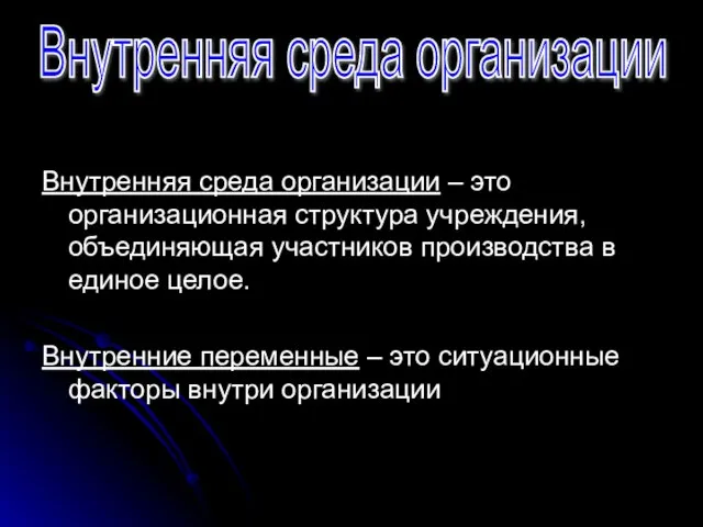 Внутренняя среда организации – это организационная структура учреждения, объединяющая участников производства в